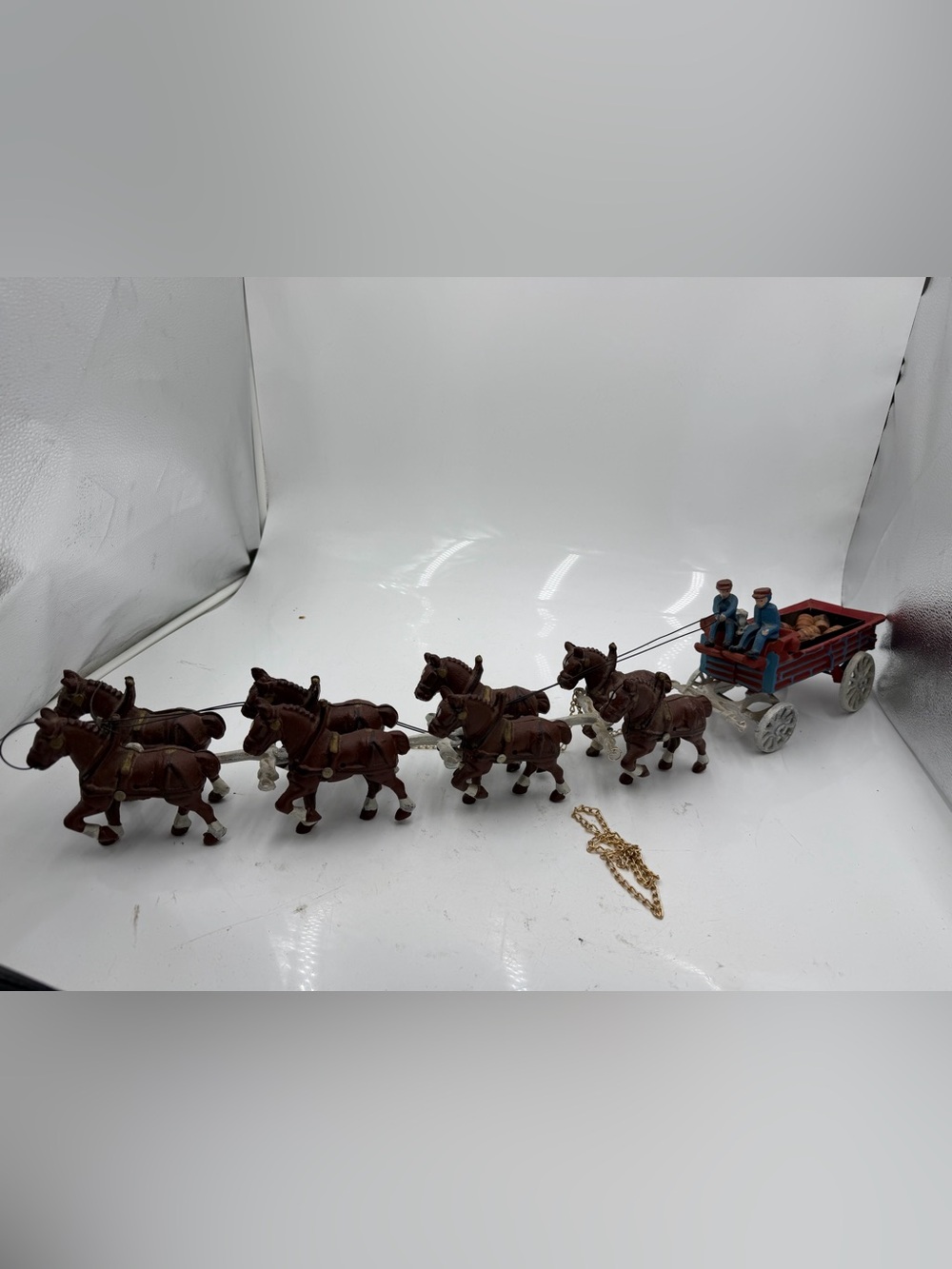 Vintage Cast Iron Clydesdale  Drawn Wagon, Beer Kegs, Drivers, Dog and 8 Horses,